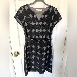 Boden Notch Neck Flora Black and Grey Cotton Dress with Belt